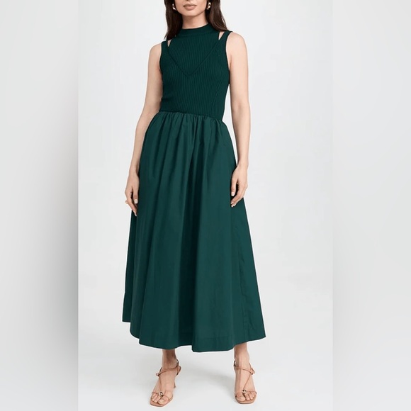 New En Saison Sigrid Mixed Media Maxi Dress Forest Green Ribbed Knit Bodice - Picture 1 of 7